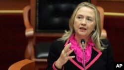 U.S. Secretary of State Hillary Rodham Clinton speaks to the Albanian Parliament in Tirana, November 1, 2012. 
