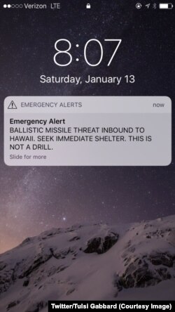 夏威夷人13号星期六收到了一个“弹道导弹威胁”警报，不过这个警报很快被证明是误发的。