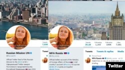 Official Twitter accounts of the Russian Foreign Ministry and Russian Mission to the UN with photograph of Maria Butina as their profile pictures.