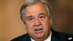 The newly-appointed Secretary General of the United Nations, Antonio Guterres, reads a statement at Lisbon's Necessidades palace, Oct. 6, 2016.