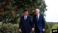 TOPSHOT - US President Joe Biden (R) and Chinese President Xi Jinping walk together after a meeting during the Asia-Pacific Economic Cooperation (APEC) Leaders' week in Woodside, California on November 15, 2023.