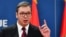 FILE - Serbian President Aleksandar Vucic speaks in Belgrade, Oct. 19, 2019. Reporters Without Borders urged the Serbian government on Nov. 20, 2019, to "publicly condemn" attacks on journalists at regional broadcaster N1.