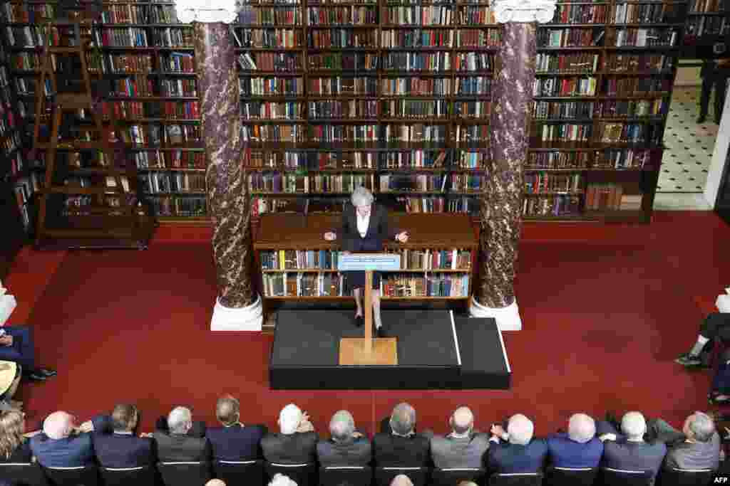 Britain&#39;s Prime Minister and leader of the Conservative Party Theresa May gives a general election campaign speech at Rusi in central London.