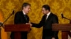 U.S. Secretary of State Antony Blinken, left, and Ecuador's Foreign Minister Mauricio Montalvo, talk at the end of a press conference at government palace in Quito, Ecuador, Oct. 19, 2021. 