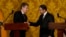 U.S. Secretary of State Antony Blinken, left, and Ecuador's Foreign Minister Mauricio Montalvo, talk at the end of a press conference at government palace in Quito, Ecuador, Oct. 19, 2021. 