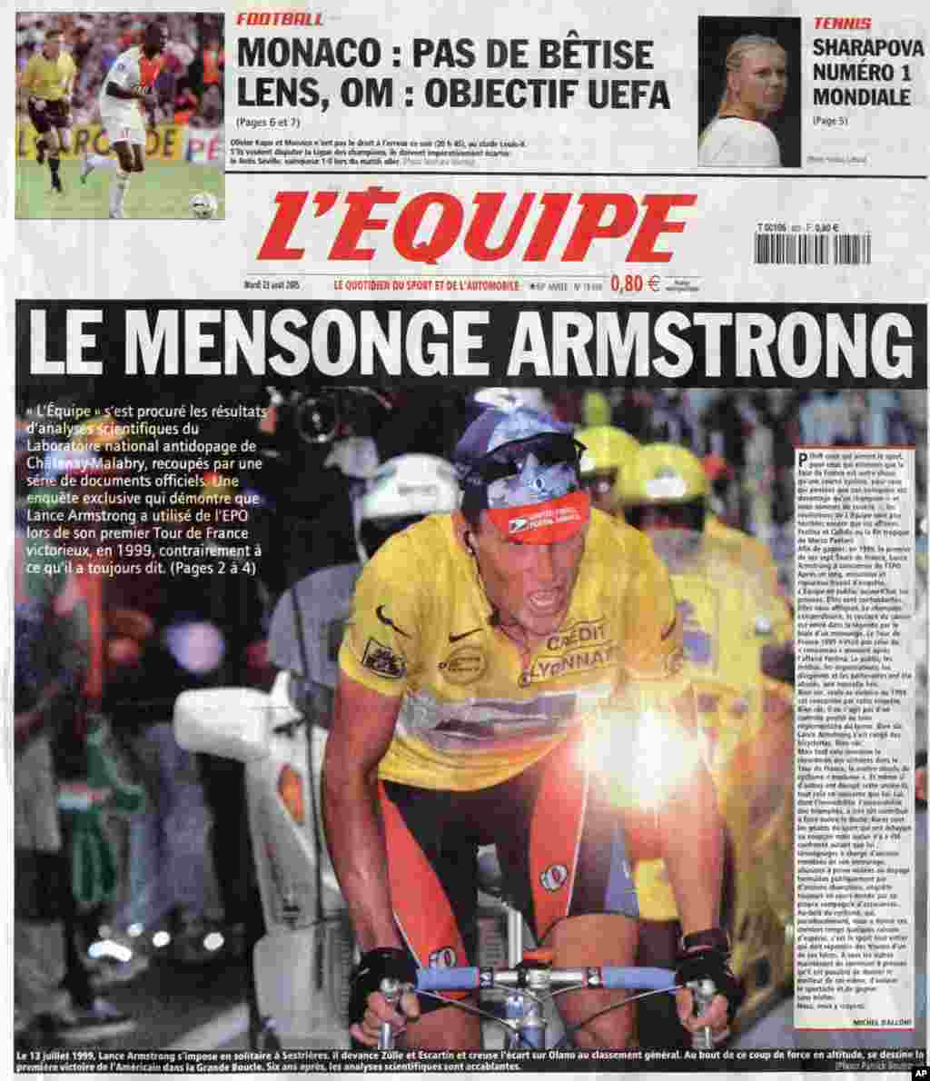 August 23, 2005: The French sports daily l'Equipe reports Lance Armstrong used the performance-enhancing drug EPO to win his first Tour de France title in 1999, a claim he immediately denied. 