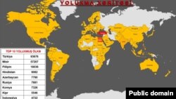 Kiberqrup tərəfindən kompüterləri yoluxdurulmuş ölkələr (Mənbə: Xüsusi Rabitə və İnformasiya Təhlükəsizliyi Dövlət Xidməti) 