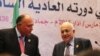 Arab League Secretary-General Nabil Elaraby (r) and Egyptian Foreign Minister Sameh Shukri leave a press conference at the conclusion of an Arab summit meeting in Sharm el-Sheikh, South Sinai, Egypt, March 29, 2015. 