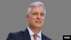 Robert O'Brien headshot, as US National Security Adviser, graphic element on gray