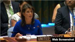 美国驻联合国大使黑利在安理会讨论缅甸问题的会议上发言（美国驻联合国代表团网站截图）