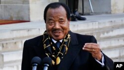 FILE - Cameroon's President Paul Biya addresses reporters at the Elyse Palace in Paris, Jan. 30, 2013. Opposition party members are protesting Biya's long hold on power in the country.