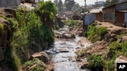 A tributary full of garbage, which feeds into the Nairobi River, flows through the informal settlement of Kibera in Nairobi, Kenya, Wednesday, Jan. 11, 2023. (AP Photo/Khalil Senosi)