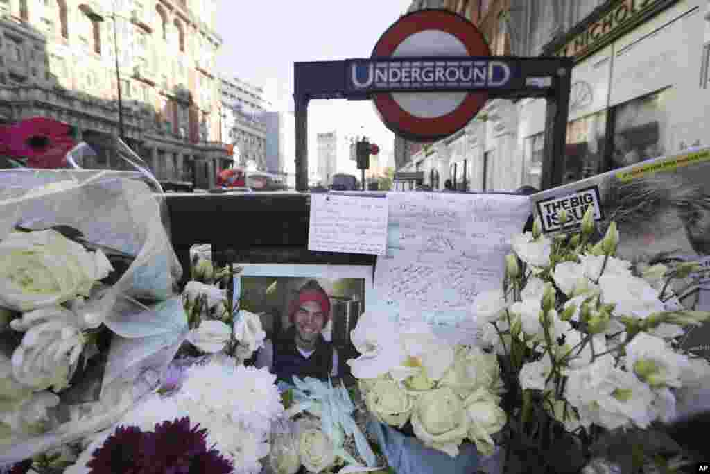 Floral tributes placed at the scene where Italian Prince Filippo Corsini was killed on his bicycle outside Knightsbridge underground station in London. Heir to one of Florence&rsquo;s oldest and most illustrious families, Filippo Corsini, 21, was hit by a truck outside luxury department store Harvey Nichols on Oct. 31 and died of his injuries.