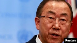 반기문 유엔 사무총장이 16일 뉴욕 유엔 본부에서 기자회견을 갖고, 시리아 화학무기 조사 결과에 대해 설명하고 있다.