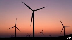 A wind farm is seen at dusk in rural Solano County, Calif., Wednesday, Aug. 30, 2023. (AP Photo/Godofredo A. Vásquez)