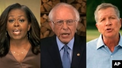 Wazungumzaji wakuu kwenye ufunguzi wa mkutano wa Democratic, Michelle Obama, Seneta Bernie Sanders, na John Kasich Gavana wa zamani wa Ohio.