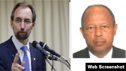 የተመድ የሰብዓዊ መብቶች ከፍተኛ ኮሚሽነር ዛይድ ራዓድ አል-ሁሴን(ግራ)እና በተመድ የጄኔቫ ቢሮ የኢትዮጵያ ቋሚ ተጠሪ አምባሳደር ነጋሽ ክብረት(ቀኝ)