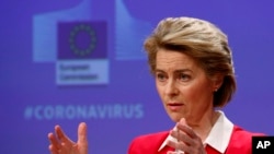 European Commission President Ursula von der Leyen speaks during a media conference, detailing EU efforts to limit the economic impact of the Covid-19 outbreak, at EU headquarters in Brussels, Thursday, April 2, 2020.