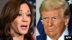 ພາບ​ຕໍ່​ກັນ​ສະ​ແດງ​ໃຫ້​ເຫັນ​ທ່ານ​ນາງ ຄາ​ມາ​ລາ ແຮ​ຣິ​ສ, ຊ້າຍ, ແລະ ທ່ານ ດໍ​ໂນ​ລ ທ​ຣຳ, 25 ຕຸ​ລາ 2024.(Photo by Roberto SCHMIDT and SERGIO FLORES / AFP)