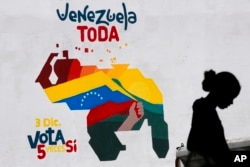 A woman sells fruits in front of a mural of the Venezuelan map with the Essequibo territory included, in Caracas, Venezuela, on November 29, 2023. (Matias Delacroix/AP)