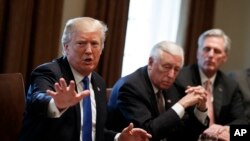 도널드 트럼프 미국 대통령(왼쪽)이 9일 백악관에서 의회 지도부와 가진 이민정책 회의에서 발언하고 있다.