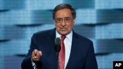 Former Defense Secretary Leon Panetta struggles to continue his speech above the cheering