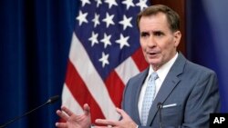 资料照：美国国防部发言人柯比在五角大楼的记者会上。