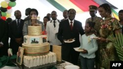 Zimbabwe President Robert Mugabe (4th R) and first lady Grace Mugabe (2nd R) stand with the presidents birthday cake among guests on the occasion of his 89th birthday celebrations held in his honor at the State House, February 20, 2013.