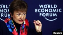 国际货币基金组织总裁乔治耶娃在世界经济论坛(WEF)于2020年1月20日在瑞士达沃斯召开之前的新闻发布会上发表讲话。