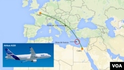 L’itinéraire que devait suivre l’avion d’EgyptAir qui s’est écrasé dans la Méditerranée le 19 mai 2016. 