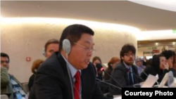 杨建利2018年3月20日在联合国人权理事会会议上发言（联合国观察照片）