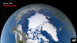 NASA shows the likely 2019 minimum extent of ice in the Arctic Sea on Sept. 18, 2019, compared with the average minimum from 1981-2010. 