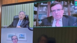 台湾外交部政务次长田光中(左上）与美国国务院东亚事务局澳大利亚、新西兰及太平洋岛屿事务副助理国务卿孙晓雅(左下）2021年4月16日在华盛顿传统基金会讨论美台在太平洋地区合作(台湾外交部提供）