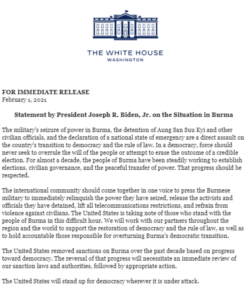 白宫2月1日发表声明，谴责缅甸军变