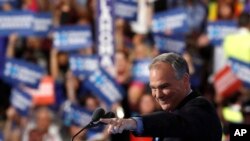 Democratic vice presidential candidate, Sen. Tim Kaine addresses an enthusiastic audience