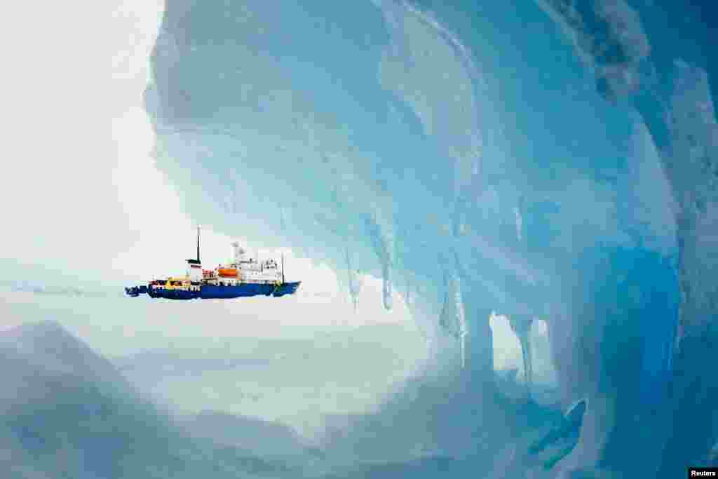 The MV Akademik Shokalskiy is pictured stranded in ice in Antarctica, Dec. 29, 2013. 
