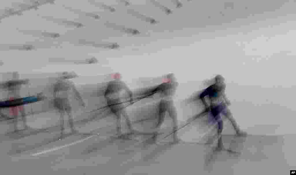 Athletes compete in the 10 kilomoter cross-country skiing portion of the Nordic combined event at the 2018 Winter Olympics in Pyeongchang, South Korea.