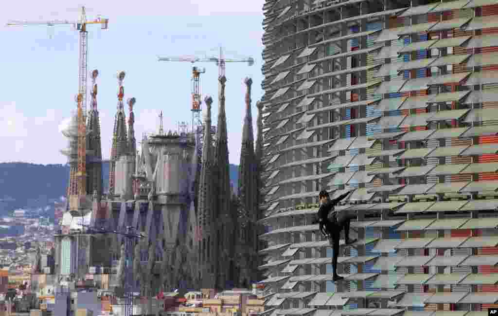 Alain Robert, yang dikenal sebagai &quot;Spiderman&quot; Perancis, menaiki menara Agbar di Barcelona Spanyol, dengan latar belakang Basilica La Sagrada Familia karya arsitek Antoni Gaudi.