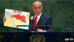 以色列总理内塔尼亚胡在联合国大会上发表讲话。(2025年9月26日)