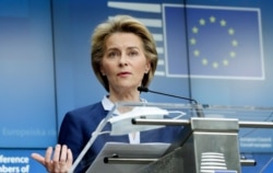 European Commission President Ursula von der Leyen speaks during a media conference after an EU summit, in video conference format, at the European Council in Brussels, June 19, 2020.