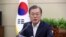 South Korean President Moon Jae-in speaks during a meeting with his senior aides at the presidential Blue House in Seoul, South Korea, Monday, Aug. 5, 2019.