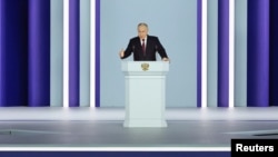 2023年2月21号，俄罗斯总统普京在莫斯科召开的俄联邦议会发表年度报告。