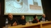 Reditelji (s leva) Janko Baljak, Goran Marković, profesorka Radina Vučetić (u sredini) i Želimir Žinlink, na tribini "Film kao protest" u sklopu tribina "Nije filozofski ćutati", na Filozofskom fakultetu u Beogradu, 14. februara 2019.
