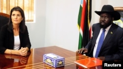 FILE - South Sudan President Salva Kiir meets U.S. Ambassador to the United Nations Nikki Haley in Juba, South Sudan, Oct. 25, 2017.