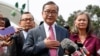 Cambodia's exiled opposition leader Sam Rainsy talks to the media outside Parliament House in Kuala Lumpur, Malaysia, Tuesday, Nov. 12, 2019. 