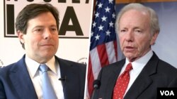 جوزف لیبرمن رئیس هیات مدیره سازمان «اتحاد علیه ایران هسته‌ای» (راست) و مارک والاس، مدیرعامل این سازمان 