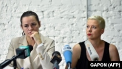 L'opposante Svetlana Tikhanovskaya en conférence de presse le 10 Aout 2020 à Minsk.
