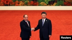 资料照片：2018年9月3日在北京人民大会堂举行的中非合作论坛期间，埃及总统阿卜杜勒·法塔赫·塞西（左）与中国国家主席习近平握手。