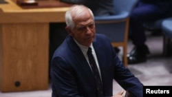 在纽约联合国总部，欧盟外交政策主管博雷利在第77届联合国大会期间参加安理会有关乌克兰局势的一次高层会议。(2022年9月22日)