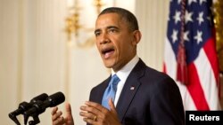 이란과 6개 중재국간의 핵 협상 타결 소식이 전해진 뒤 바락 오바마 대통령이 백악관에서 환영 성명을 발표하고 있다.